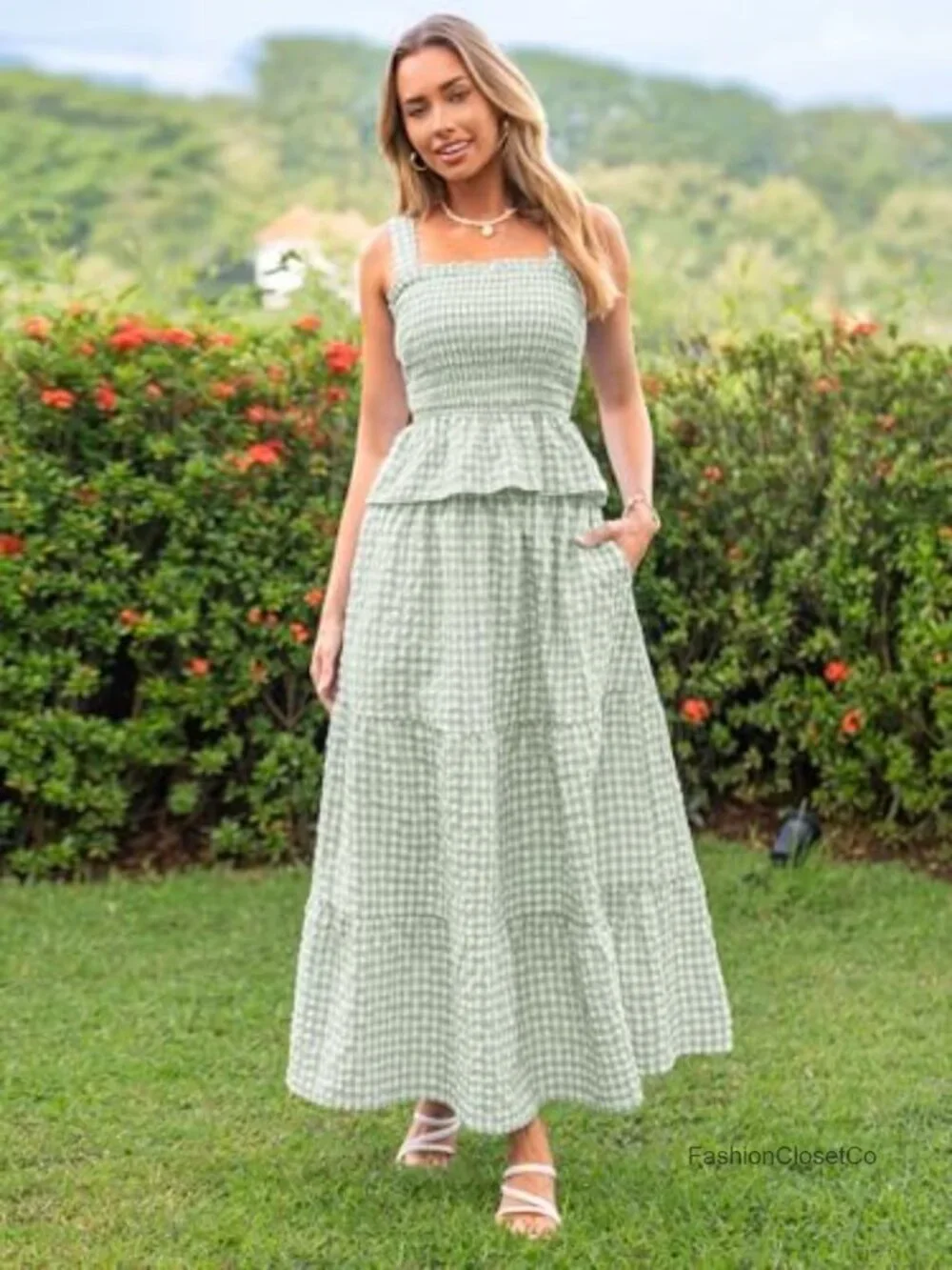 2 Piece Skirt Set Square Neck Tank Maxi Skirt with Pockets Cotton Blend Summer